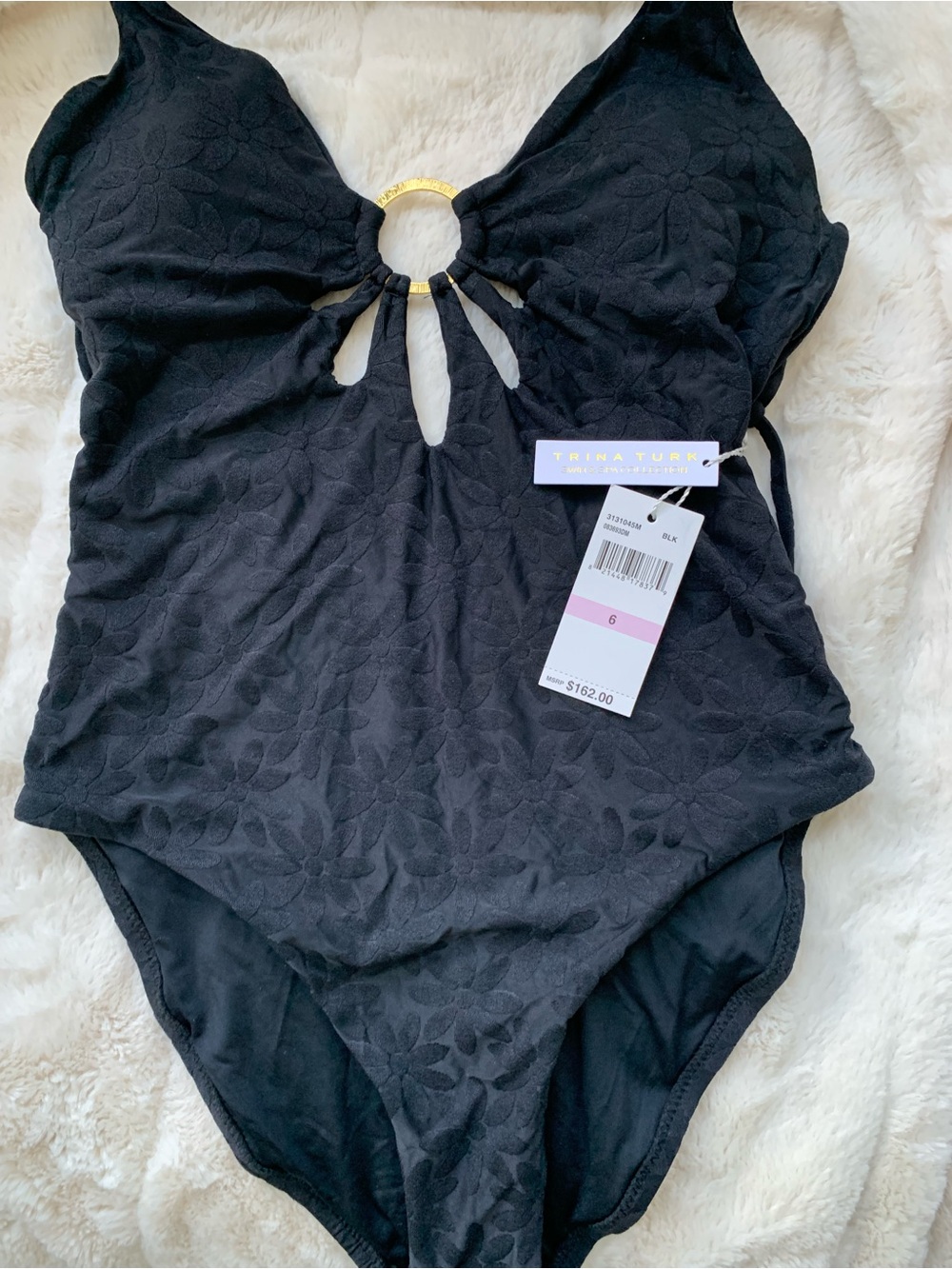 Trina Turk Black Textured One-Piece with Gold Ring Accent
